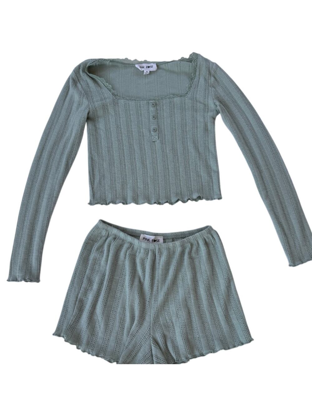 Pink Rose Knit Pajamas Lounge Set XS Sage Green